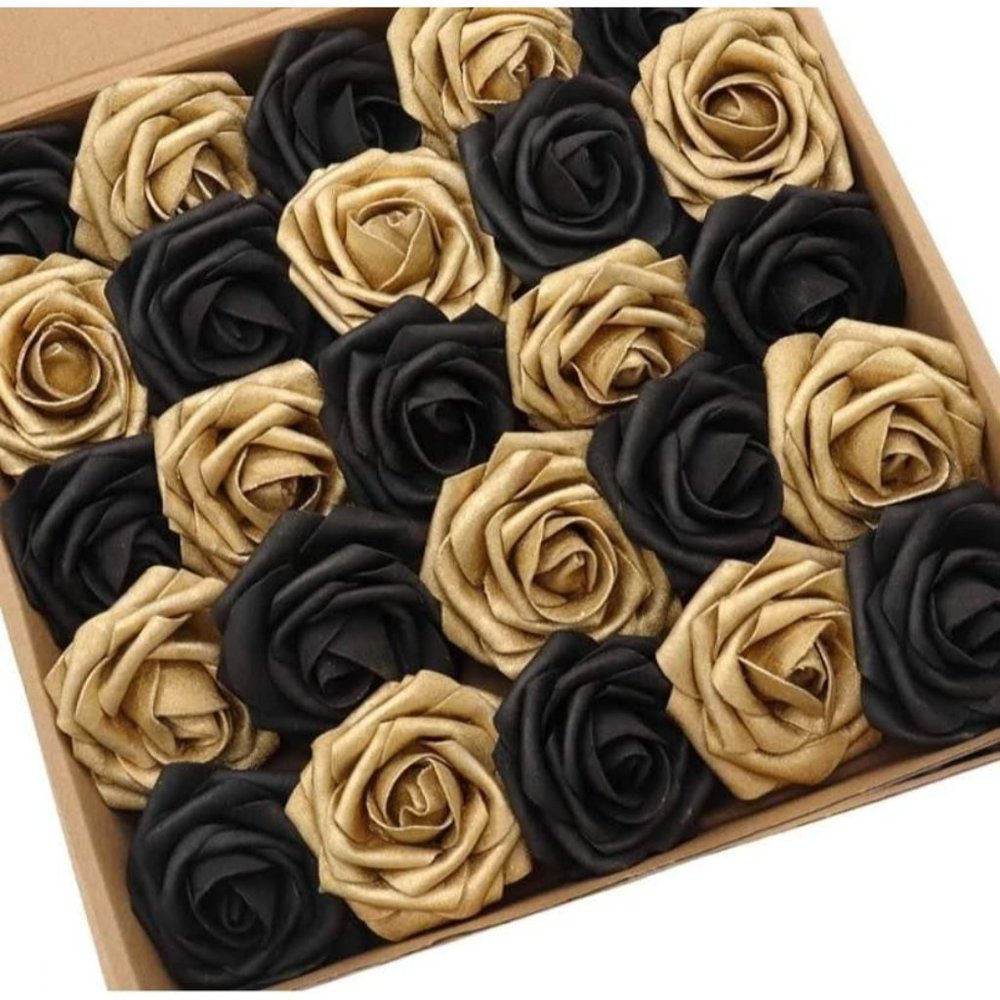 25 Count | Gold & Black Roses Wedding Bouquet Flowers Centerpiece Decor - Picture 2 of 2